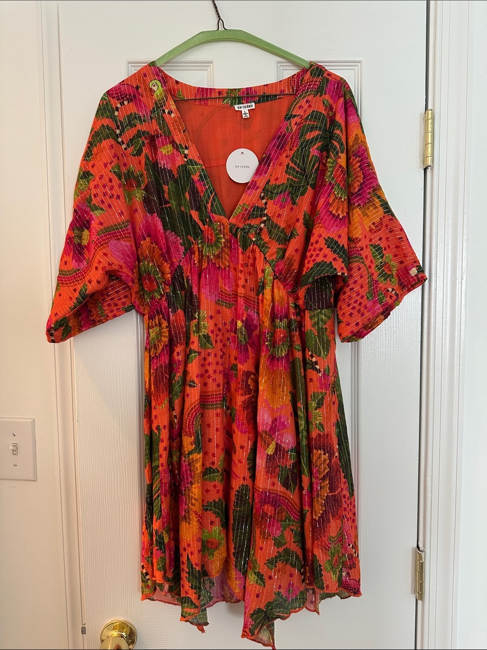 En Creme Bright Orange & Pink Floral Pleated Mini Dress